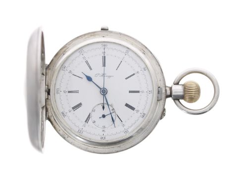 Silver chronograph half-hunter lever pocket watch, London 1938, the movement and dial signed G.Honegger, Roman numeral dial c