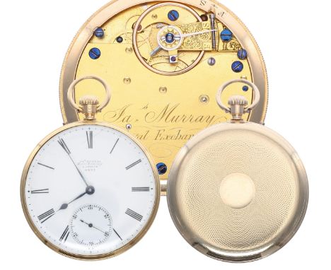Jas Murray 18ct lever pocket watch, London 1857, gilt frosted three quarter plate fusee movement signed Jas Murray, Royal Exc