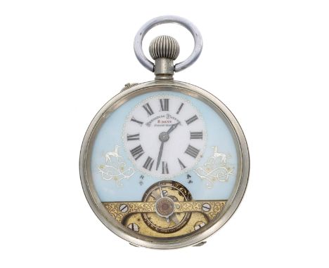 Hebdomas Patent 8 Days nickel cased pocket watch, the Roman numeral dial on a pale blue ground over the visible balance, plai