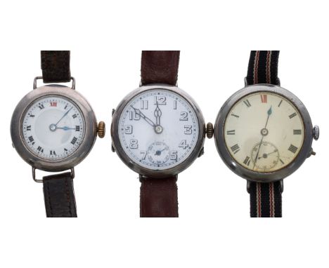 Buren silver wire-lug lady's wristwatch, import hallmarks London 1919, enamel dial, brown leather strap, 29mm; together with 