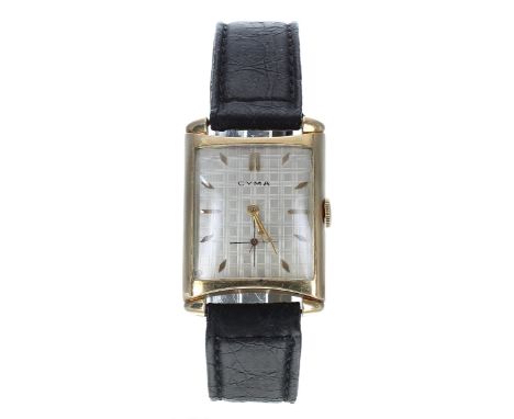 Cyma 10k gold filled rectangular gold filled gentleman's wristwatch, case no. W1619xx, circa 1950s, rectangular silvered dial
