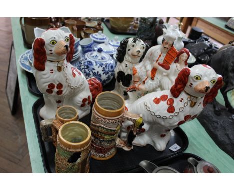 Three Staffordshire dogs, a Staffordshire flatback figure plus assorted blue and white china, two trinket boxes and a glass p