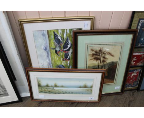 Three watercolours including a hunting scene by C Allen