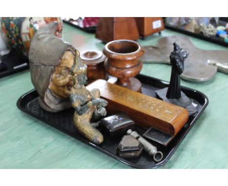 A small tray with late 19th Century tobacco jar figure of a monk, three snuff boxes, an inlaid box, treen pots plus an ECMA w