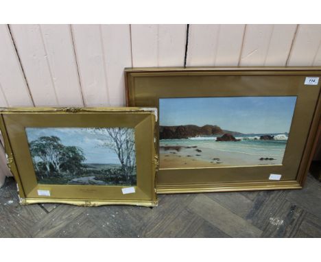 Two watercolours including a shoreline scene by J Maybank (1920) plus another countryside scene by Ruby Walker Usher