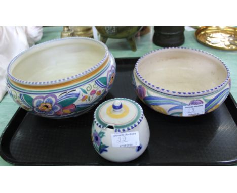 Two Poole Pottery bowls plus a jam pot and cover