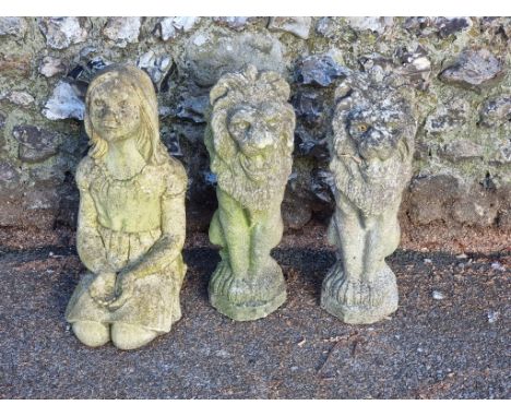 A pair of old weathered composition stone lion gate pier finials, 54cm high; together with another similar kneeling girl. (3)