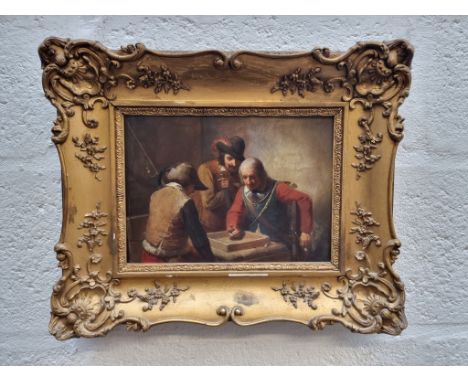 Firmin Bouvy (French, 1822-91), cavaliers playing dice, remains of old label verso, oil on chamfered mahogany panel, 20 x 27c