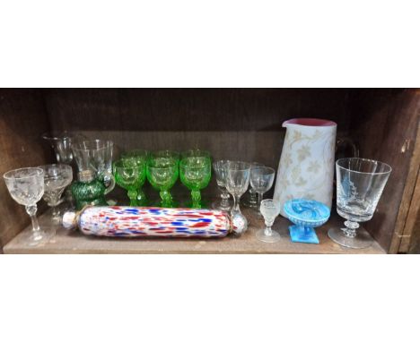 A collection of Victorian and later clear and coloured glass,&nbsp;to include a marbled rolling pin, 35.5cm long. (20) 