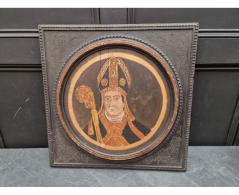 European school,&nbsp;19th century, head and shoulders portrait of a bishop with a crozier, 39cm diameter. 