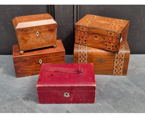 A George III burr yew and line inlaid tea caddy,&nbsp;with bone escutcheon, 18cm wide; together with four other various boxes
