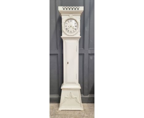 An antique Danish white painted eight day longcase clock,&nbsp;205cm high, with weights and pendulum. 