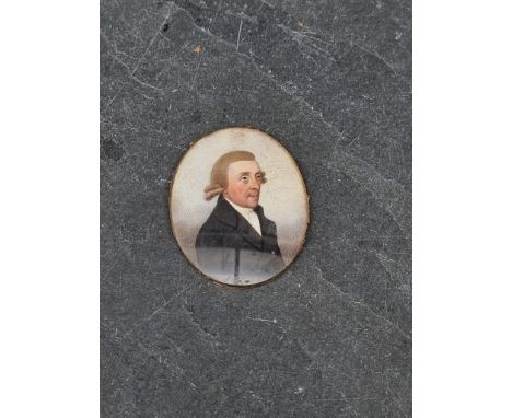 British School,&nbsp;late 18th century, bust length portrait miniature of a gentleman with a black jacket and white cravat, o