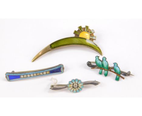 An Aksel Holmsen Norwegian silver gilt and enamel brooch, formed as the sun setting over stylised green field, Charles Horner