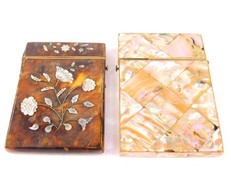 A Victorian tortoiseshell and mother of pearl inlaid calling card case, floral decorated, 9.5cm H, 6.5cm W, together with a m