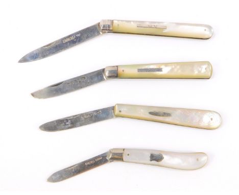 Four Victorian and later silver and mother of pearl folding pocket knives.