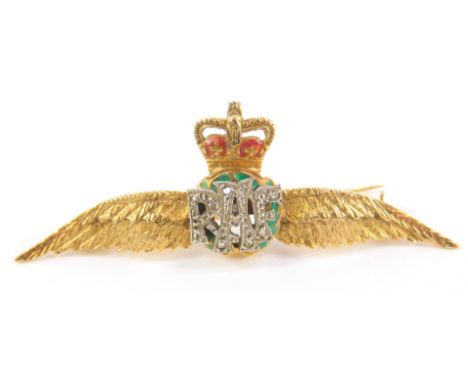 A 9ct gold diamond and enamel RAF wings brooch, 4.5cm W,  5.0g.
