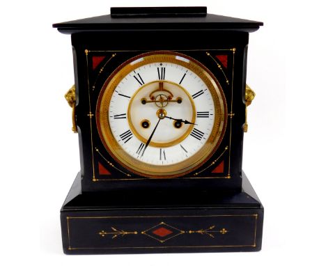 A French late 19thC slate and marble mantel clock, circular enamel dial with visible brocot escapement, chapter ring bearing 