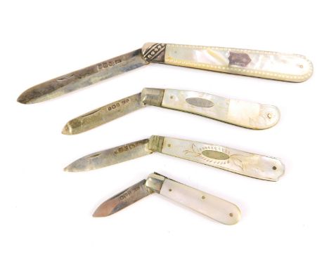 Four Victorian and later silver and mother of pearl bound folding pocket knives.