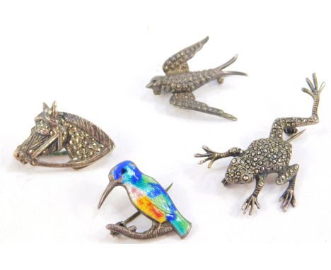 Marcasite and enamel brooches, including a marcasite set frog brooch, white metal unmarked, a marcasite horse's head marked s