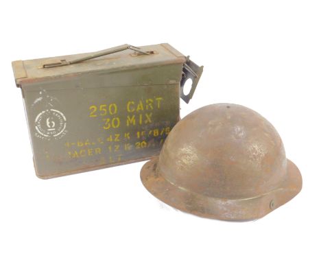 A WWI issue Brodie type helmet, together with a tracer ammunition box. (2)