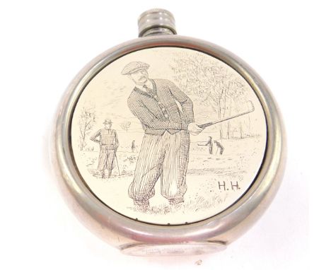 A pewter hip flask, decorated to the front with a roundel showing golfing figures in vintage costume, impressed marks, 11cm H