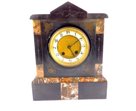 A Victorian slate and marble mantel clock, brass dial with enamel chapter ring bearing Arabic numerals, eight day French Brit