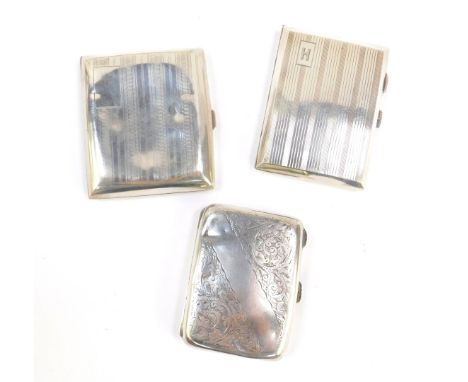 A George V silver cigarette case, with engraved foliate decoration, another with engine turned decoration, both Birmingham 19