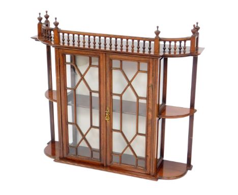 A Victorian rosewood and line inlaid hanging display cabinet, with a galleried top over two glazed doors enclosing a single s