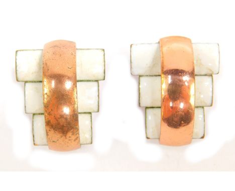 A pair of Matisse modern clip on earrings, with riased copper hoop over three rectangular white enamel bars, copper/brass in 