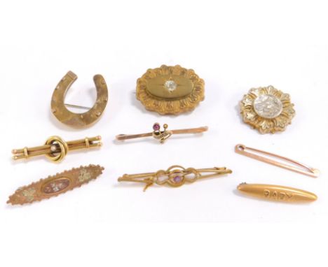 Nine brooches, comprising a horseshoe brooch, a Victorian silver gilt bar brooch, a silver filigree brooch, a gold plated Mem
