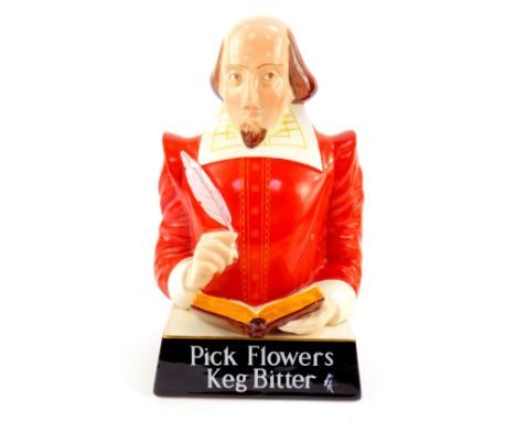 A Carltonware pottery brewery advertising bust modelled as Shakespeare, raised on a square plinth, for Pick Flowers Keg Bitte