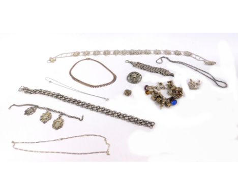 Modern costume jewellery, silver and white metal, including a silver plated floral belt buckle, a silver watch chain with thr