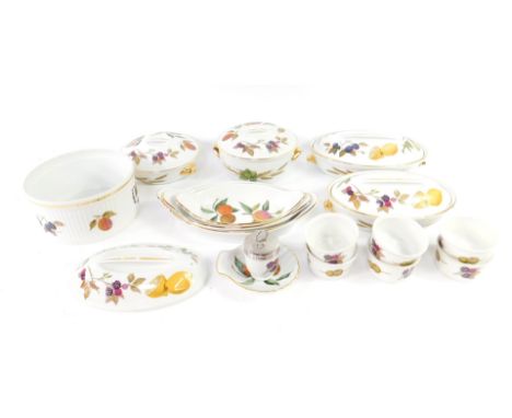 Royal Worcester oven to table ware decorated in the Evesham pattern, including tureens and covers, open dishes, souffle and f