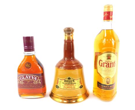 A Bells Scotch Whisky decanter, 75.7cl, bottle of Grants Finest Scotch Whisky, 1 litre, and a bottle of Glayva Liqueur, 50cl.