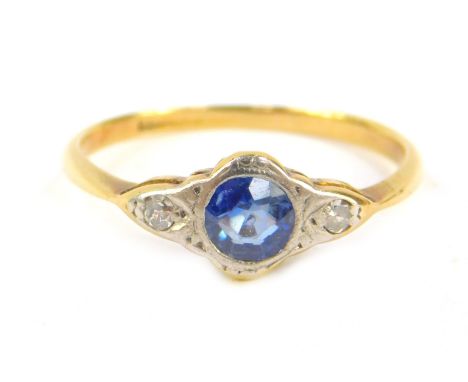 An Art Deco 18ct gold sapphire and diamond three stone ring, size J, 1.4g.