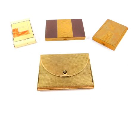 A mid 20thC Coty brass compact of purse form, a Max Factor brass compact, an Art Deco chrome and enamel compact, with protect