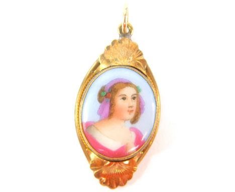 A Victorian porcelain and enamel decorated pendant, of diamond shaped form, with fan design decoration, and central oval pain