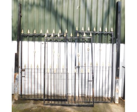 A pair of cast iron driveway gates, black with gilt highlights, 181cm H, 244cm W,  and a matching garden gate, 195cm H, 97.5c