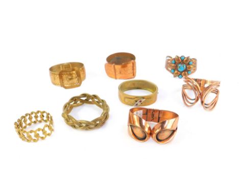 Modern copper effect bracelets, including an abstract bangle, turquoise set floral bangle, buckle bangle, etc. (1 bag)