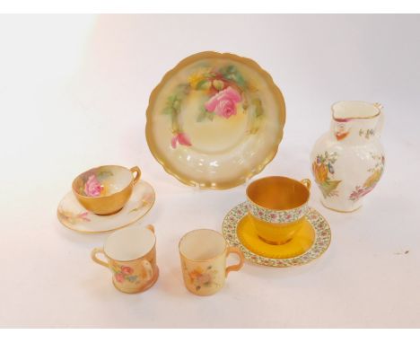 A Royal Worcester porcelain cabbage leaf mask jug, c1951, decorated with floral sprays, 10cm H, fluted dish, c1912, painted w