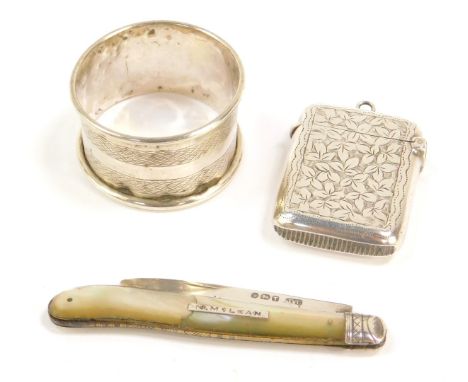 A Victorian silver vesta case, with engraved foliate decoration, banner reserve monogram engraved, Birmingham 1900, silver se