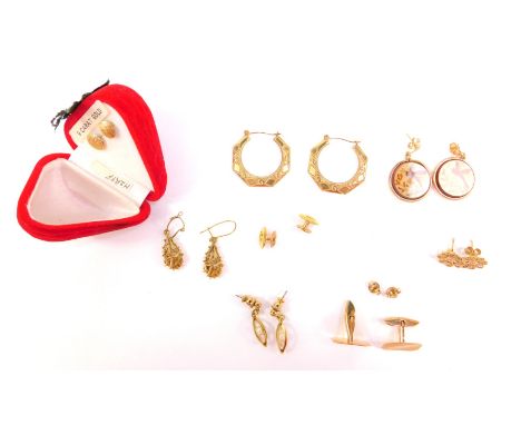 Six pairs of 9ct gold earrings, a pair of gentleman's cufflinks with engine turned decoration, and a pair of monogrammed shir