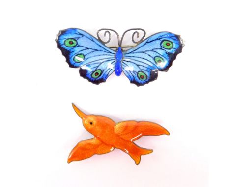 Two silver and enamel brooches, comprising a silver and enamel butterfly brooch, with blue, green and red enamel decoration, 