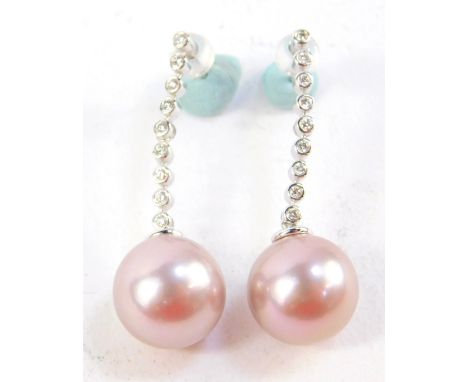A pair of pink pearl and diamond set drop earrings, in yellow metal, 8.6g.