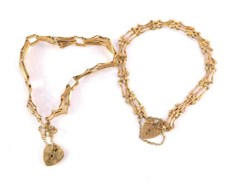 Two 9ct gold gate bracelets, on heart shaped padlock clasps, with safety chains as fitted, 8.7g.