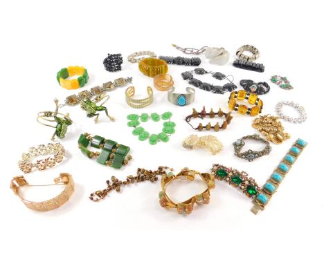 Costume jewellery modern bracelets, including stone set silver plated bracelets, frog bangle, other bangles, gold plated brac