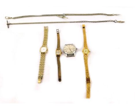 An Omega gentleman's stainless steel cased wristwatch, lady's Tissot, Omega and Rotary dress wristwatches, a silver Albert ch