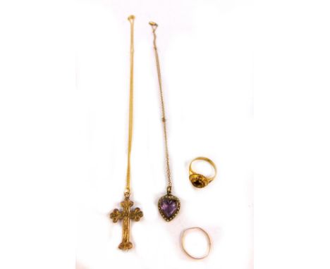 A 19thC amethyst and seed pearl heart shaped pendant, in yellow metal, on a later 9ct gold neck chain, 9ct rose gold cross wi