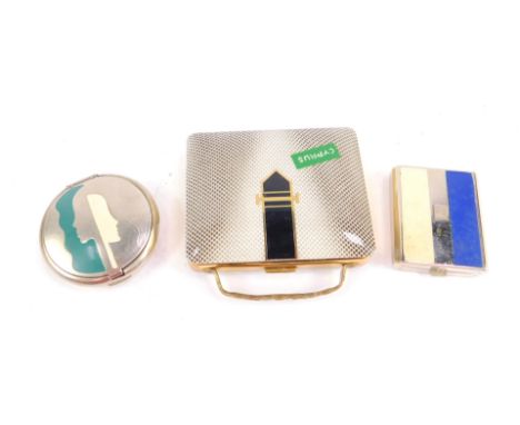 A mid 20thC brass and enamel novelty musical compact modelled as a travel bag, together with a Richard Hudnut white metal and